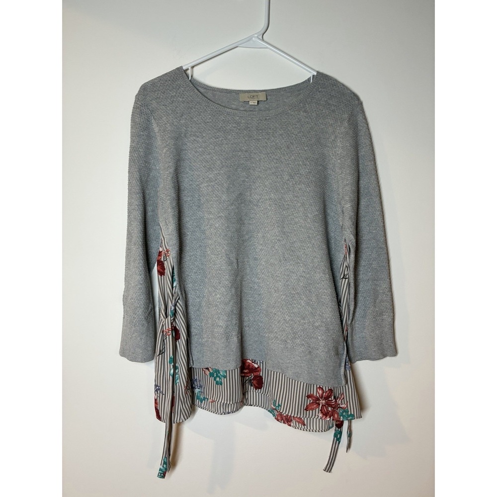 LOFT Gray Layered Light Sweater with Floral Hem M